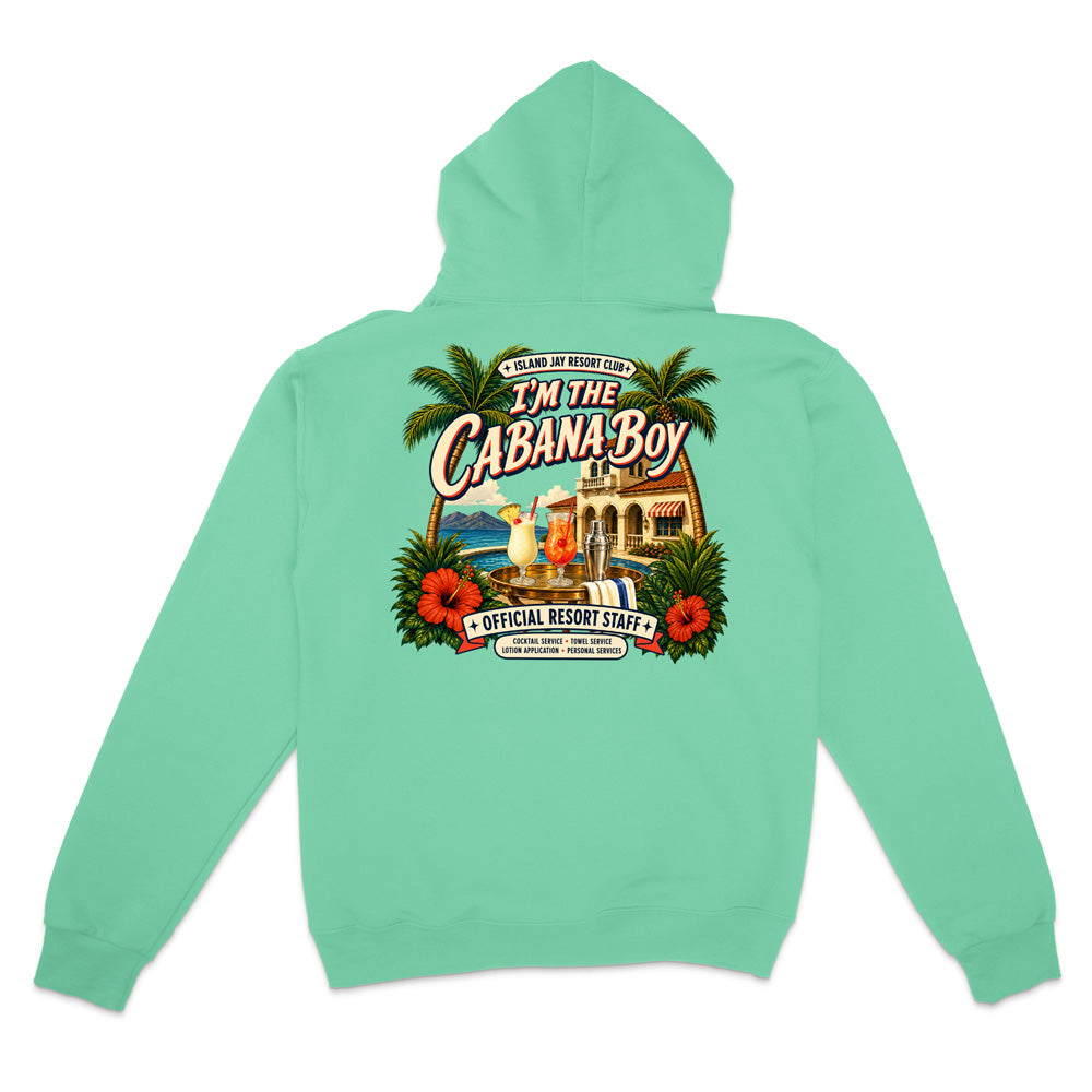 A mint green pullover hoodie shown from the back, featuring a large, colorful retro graphic print with palm trees, hibiscus flowers, cocktails, and the text 'I'M THE CABANA-BOY' and 'OFFICIAL RESORT STAFF'.