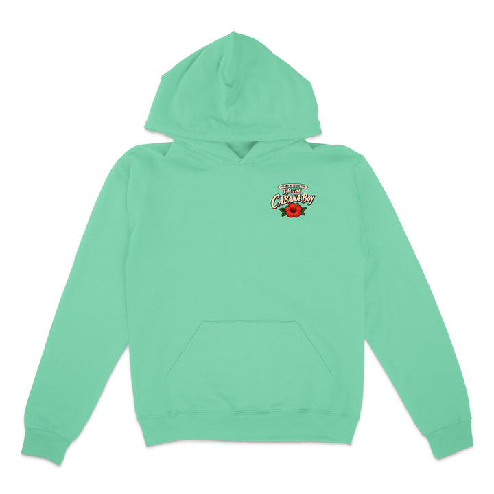 A mint green pullover hoodie with a small colorful graphic on the left chest, displayed flat against a plain white background.