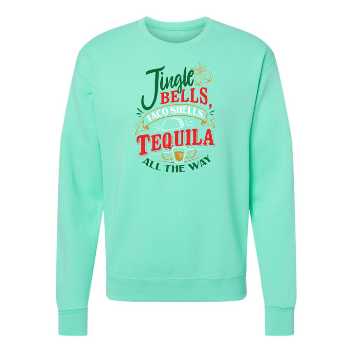 Mint green sweatshirt with festive text design on a white background