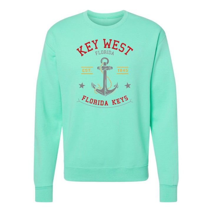 Mint green sweatshirt with 'Key West, Florida' text and anchor graphic on a white background