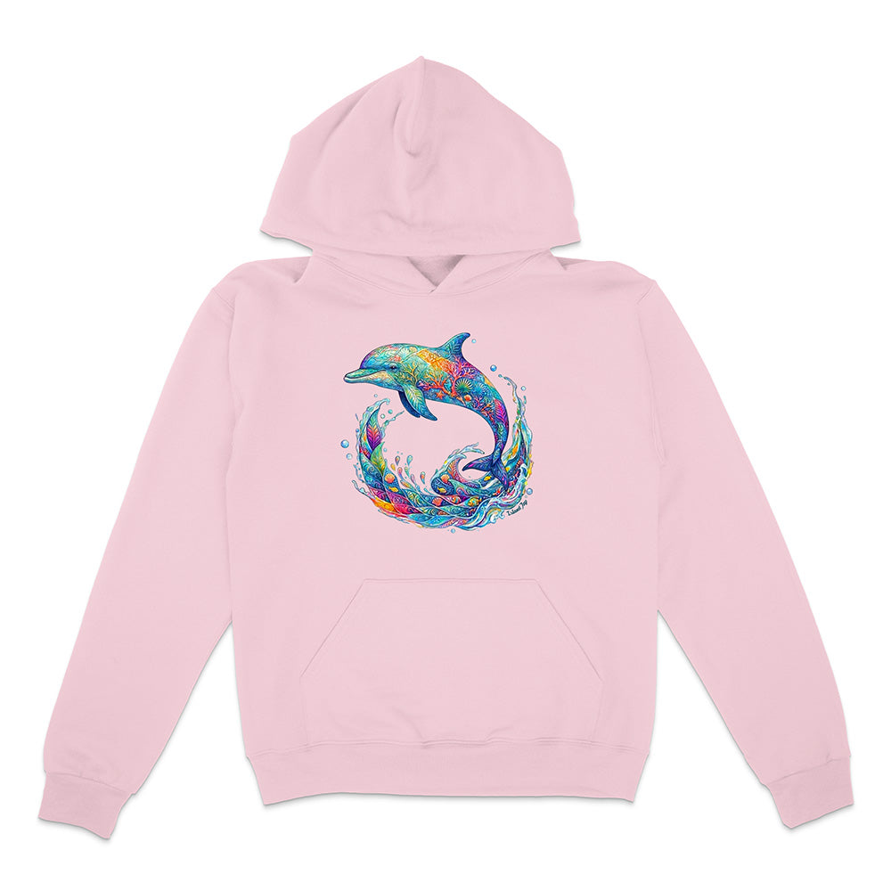 Pink hoodie with a colorful dolphin design on a white background