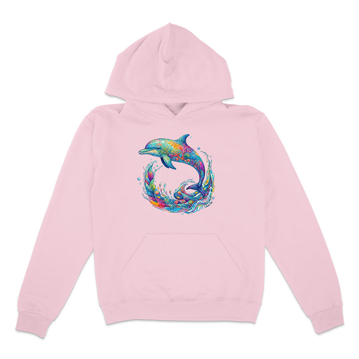 Pink hoodie with a colorful dolphin design on a white background