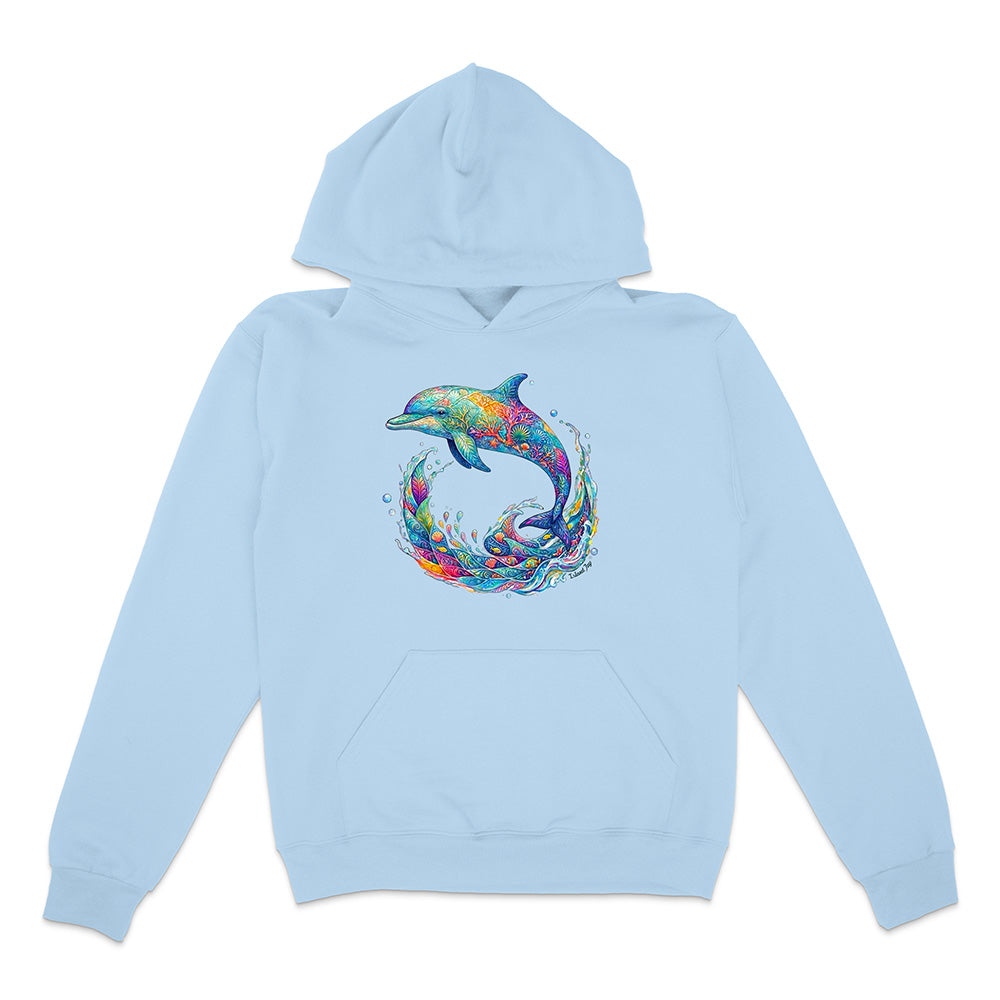 Light blue hoodie with a colorful dolphin design on a white background
