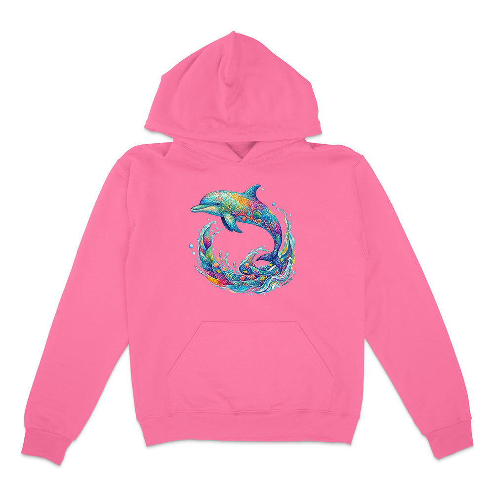 Pink hoodie with a colorful dolphin design on a white background