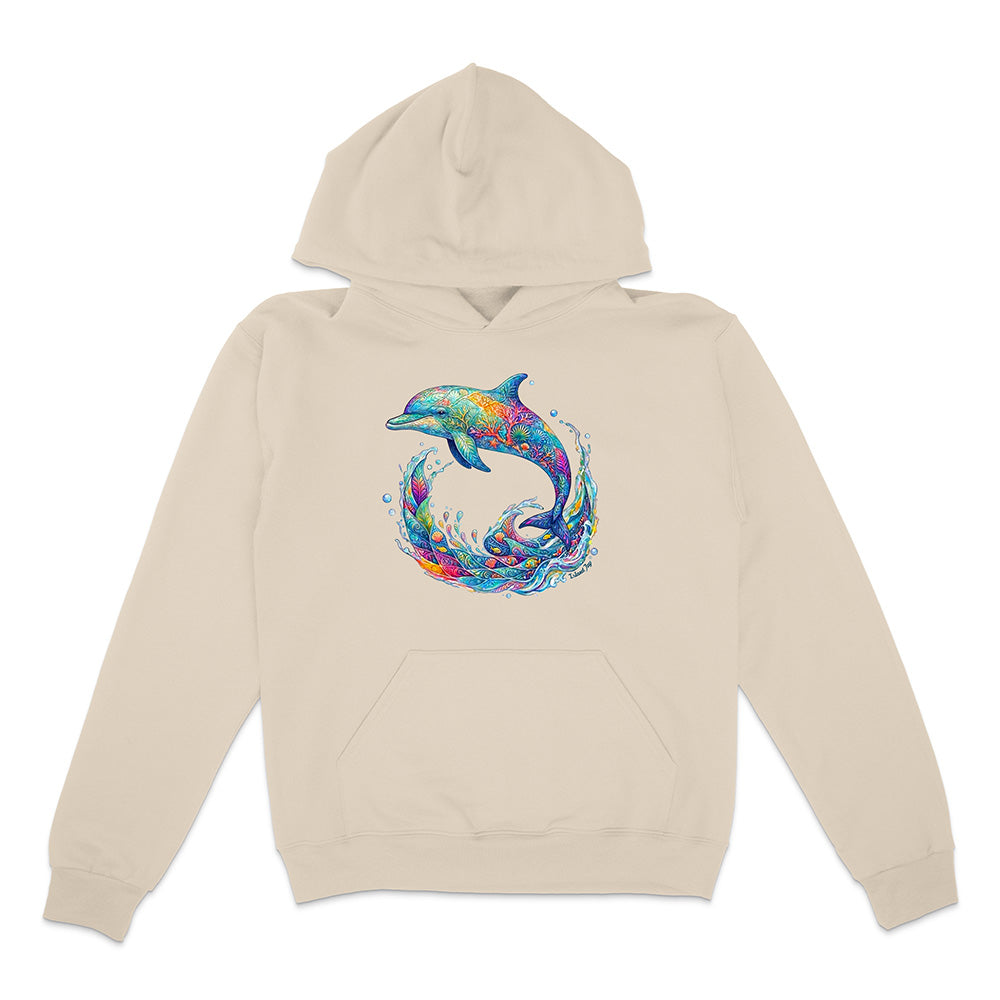 Beige hoodie with a colorful dolphin design on a white background