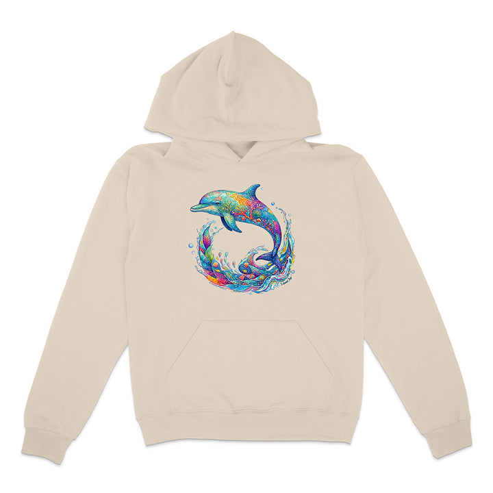 Beige hoodie with a colorful dolphin design on a white background