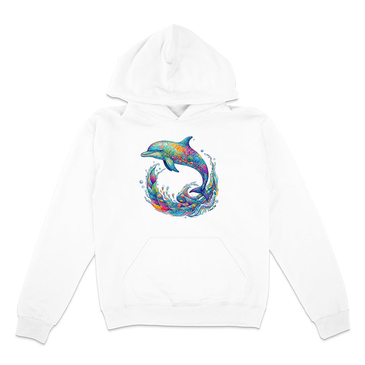 White hoodie with a colorful dolphin design on a white background
