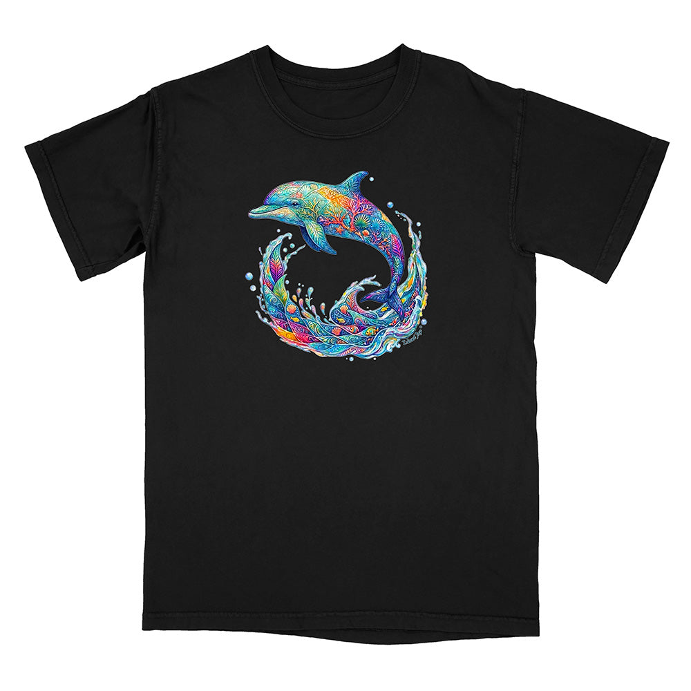 Black t-shirt with a colorful dolphin design on a white background