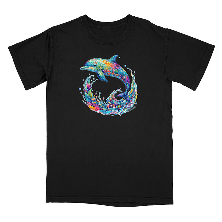 Black t-shirt with a colorful dolphin design on a white background