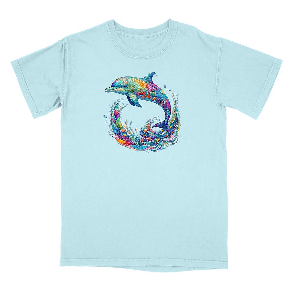 Light blue t-shirt with a colorful dolphin graphic on a white background
