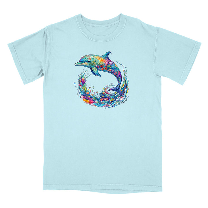 Light blue t-shirt with a colorful dolphin graphic on a white background