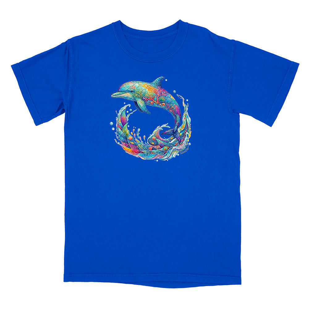 Blue t-shirt with a colorful dolphin graphic on a white background