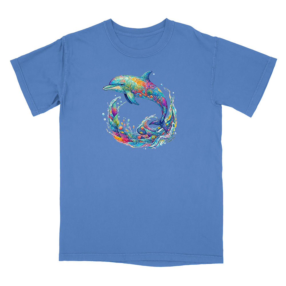 Blue t-shirt with a colorful dolphin design on a white background