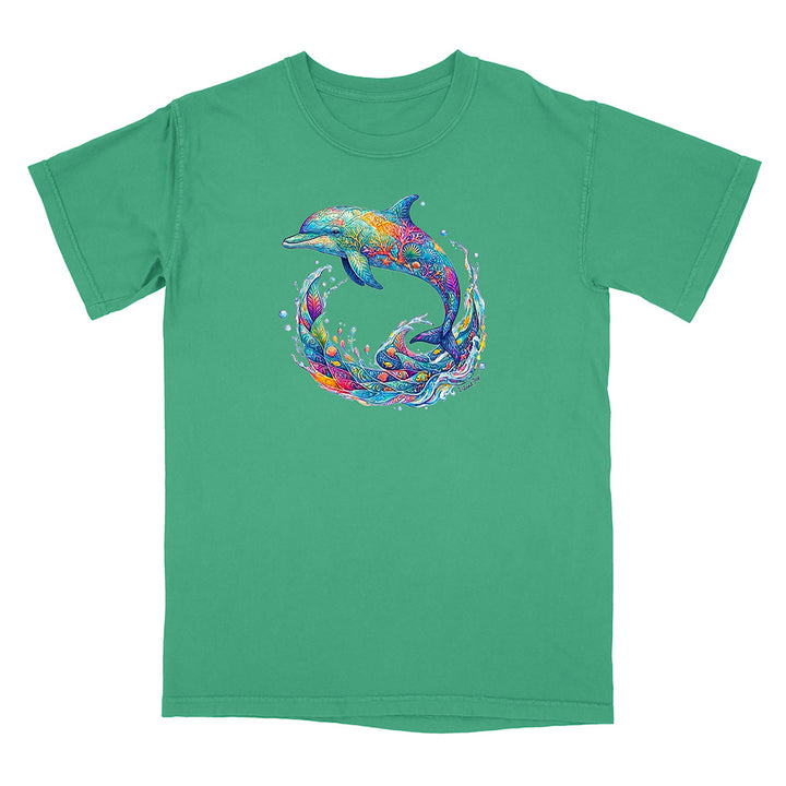 Green t-shirt with a colorful dolphin design on a white background