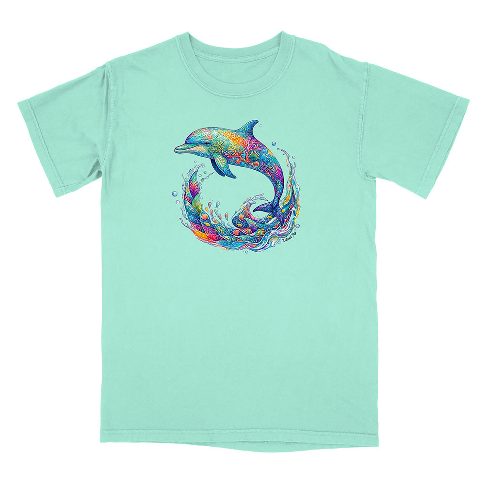 Mint green t-shirt with a colorful dolphin design on a white background