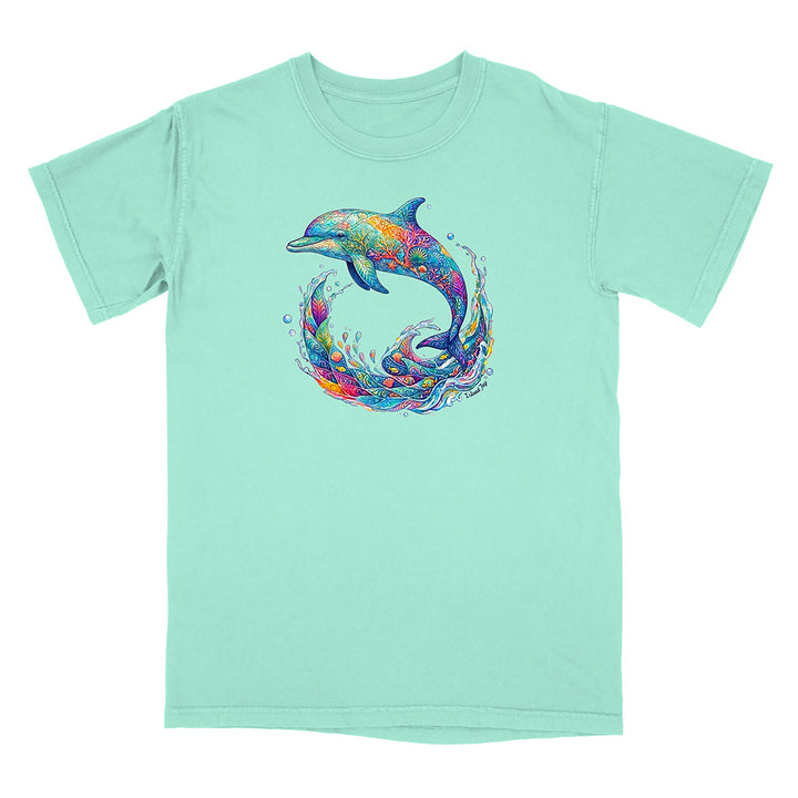 Mint green t-shirt with a colorful dolphin design on a white background