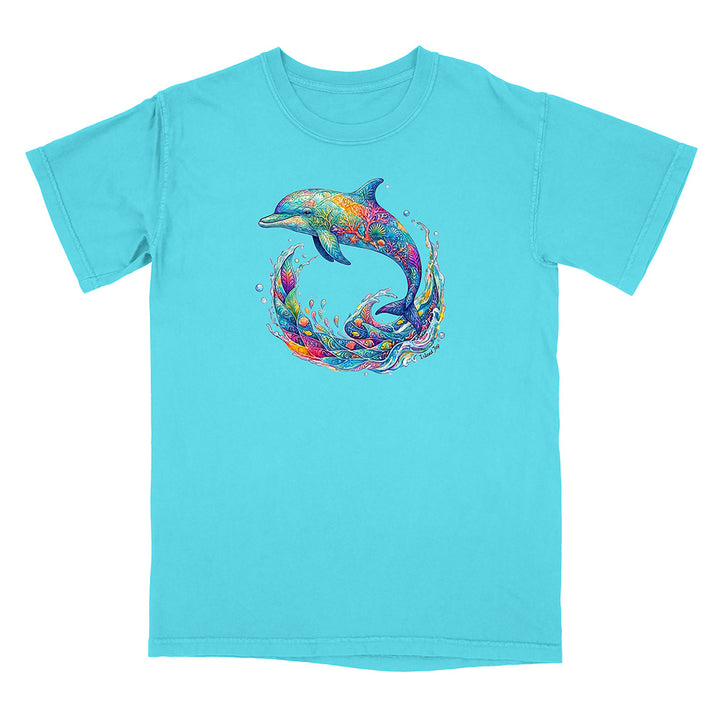 Turquoise t-shirt with a colorful dolphin graphic on a white background