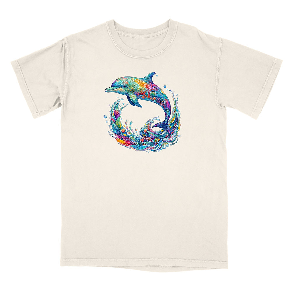 Beige t-shirt with a colorful dolphin graphic on a white background