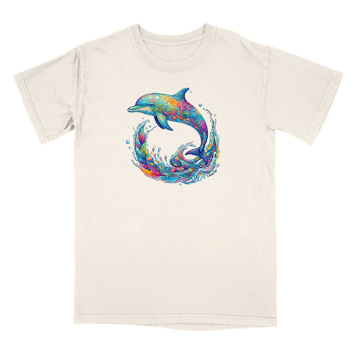 Beige t-shirt with a colorful dolphin graphic on a white background