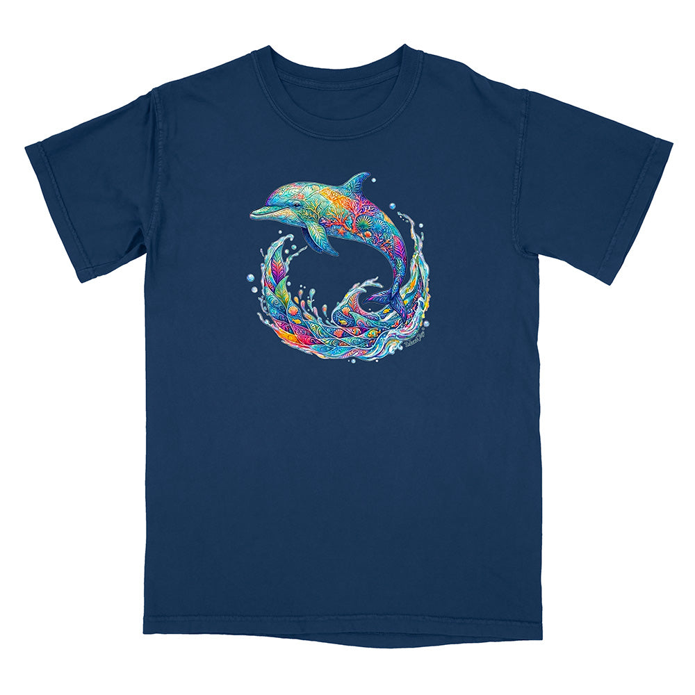 Navy blue t-shirt with a colorful dolphin graphic on a white background