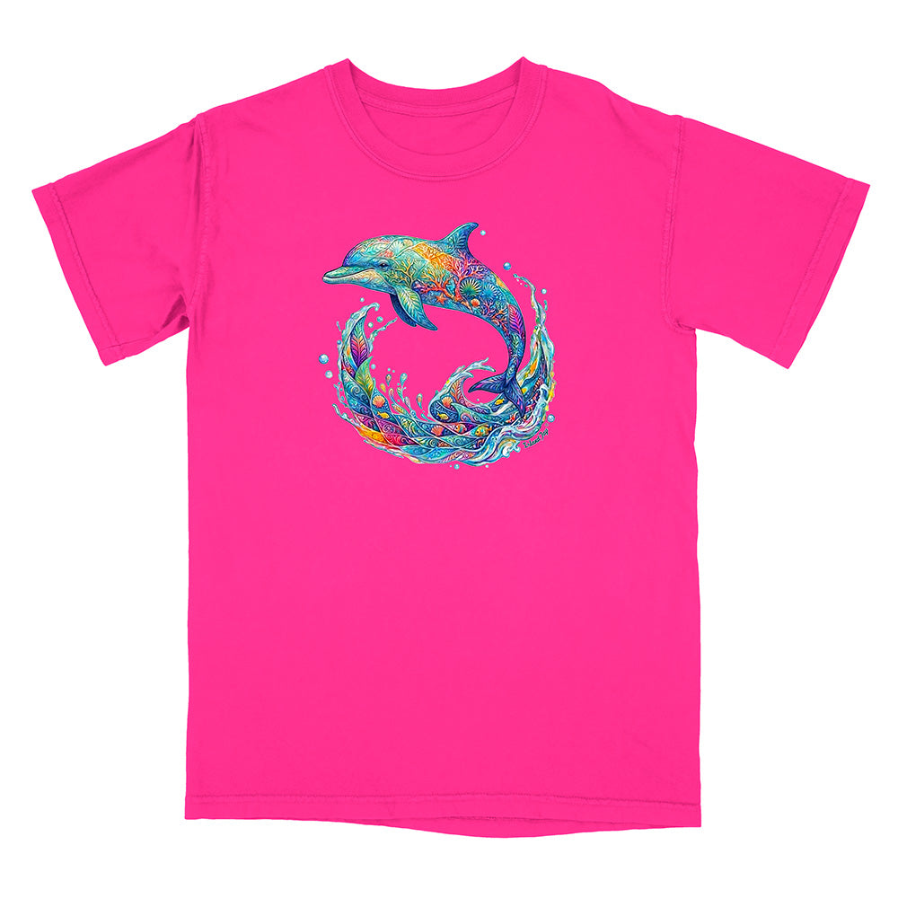 Pink t-shirt with a colorful dolphin design on a white background