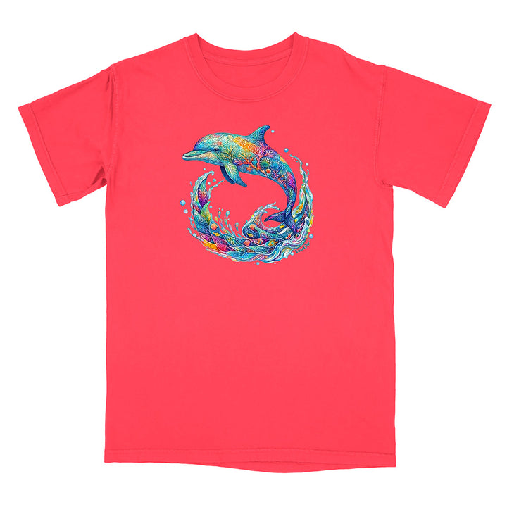 Red t-shirt with a colorful dolphin graphic on a white background