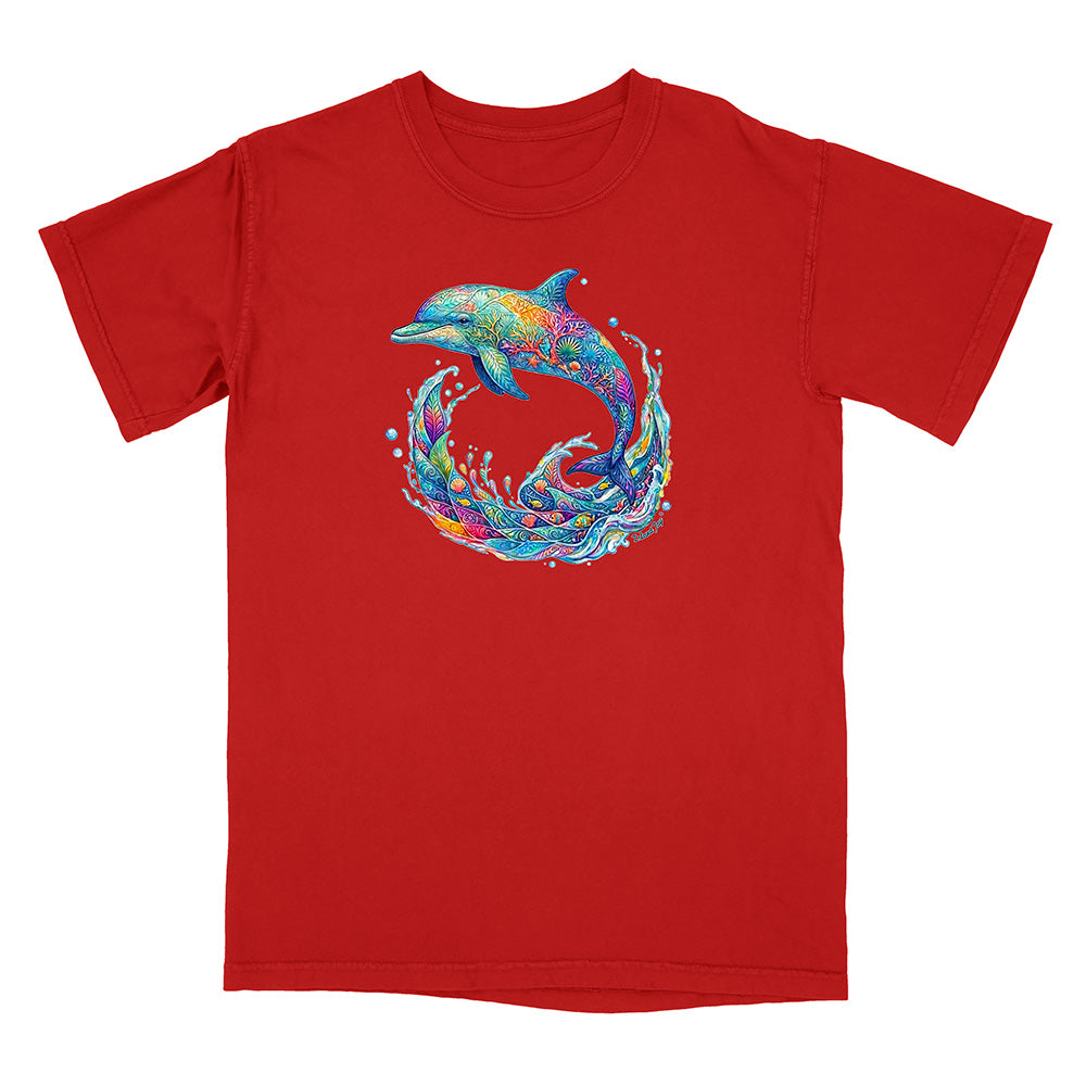 Red t-shirt with a colorful dolphin graphic on a white background