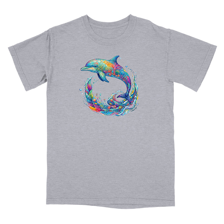 Gray t-shirt with a colorful dolphin design on a white background