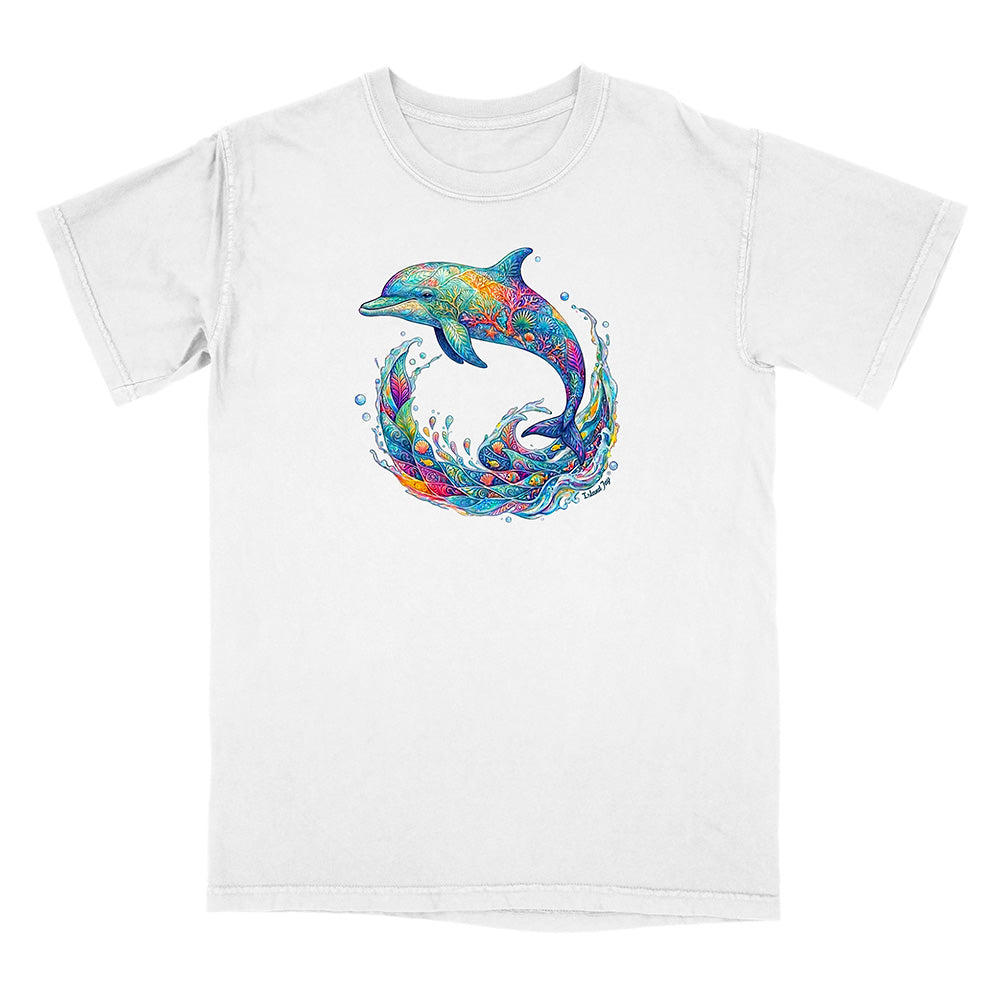 White t-shirt with a colorful dolphin graphic on a white background