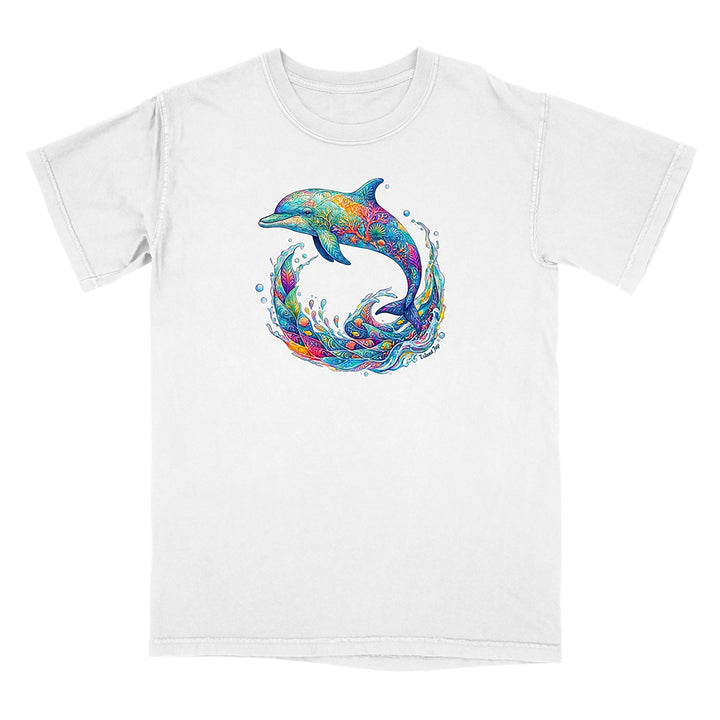 White t-shirt with a colorful dolphin graphic on a white background
