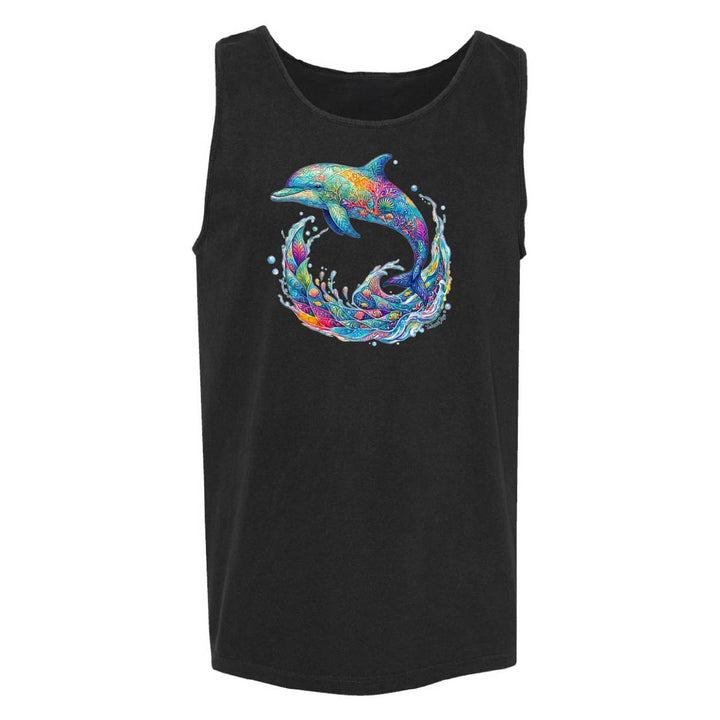 Black tank top with a colorful dolphin design on a white background