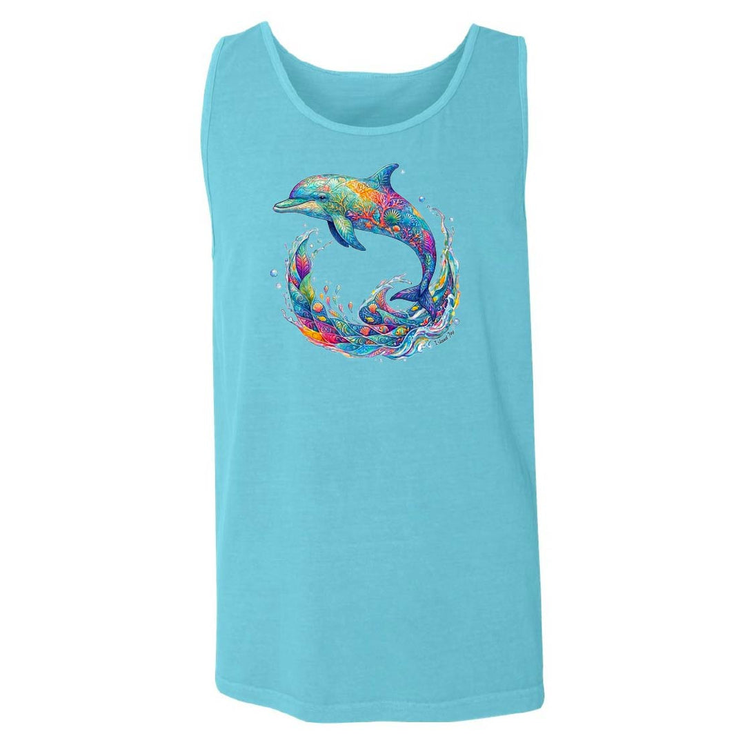Light blue tank top with a colorful dolphin design on a white background