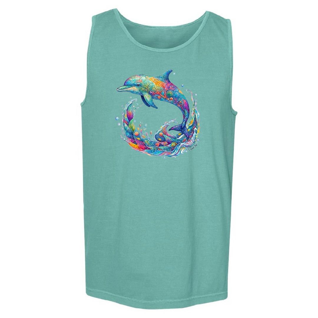 Turquoise tank top with a colorful dolphin design on a white background