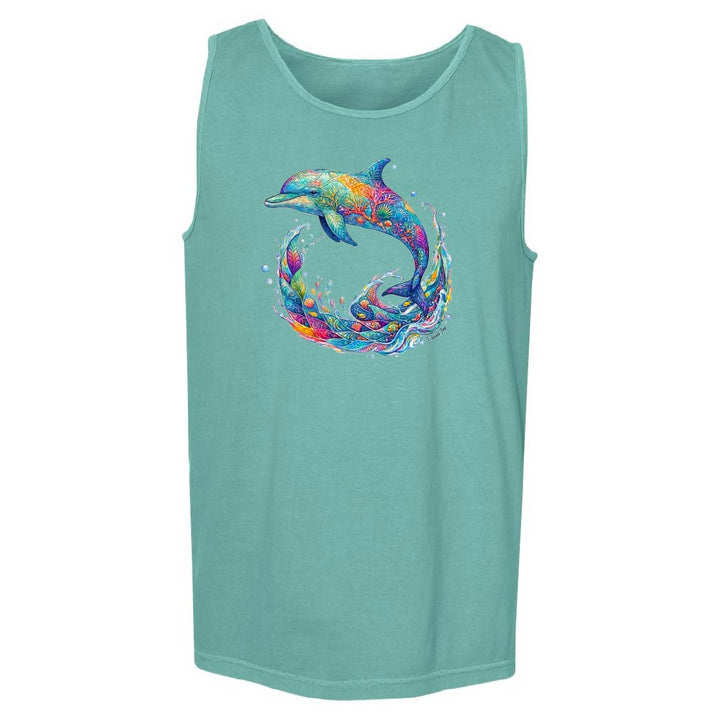 Turquoise tank top with a colorful dolphin design on a white background
