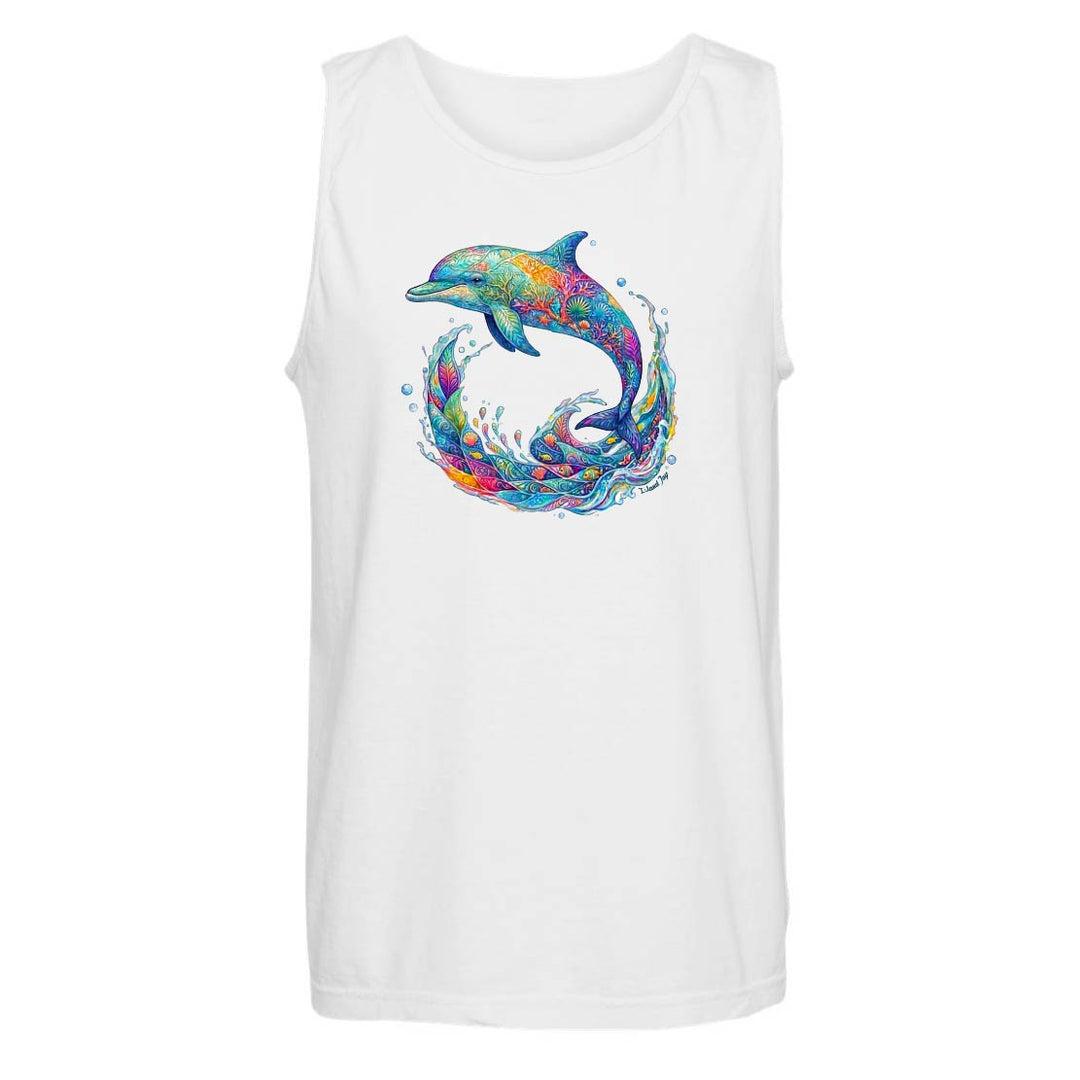 White tank top with a colorful dolphin design on a white background