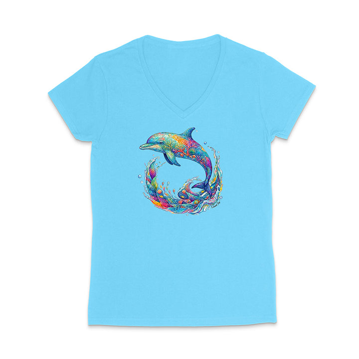 Light blue t-shirt with a colorful dolphin design on a white background