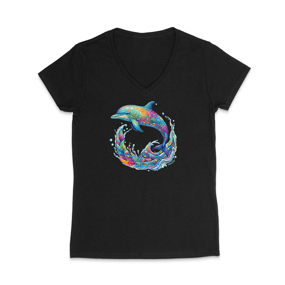 Black V-neck t-shirt with a colorful dolphin graphic on a white background