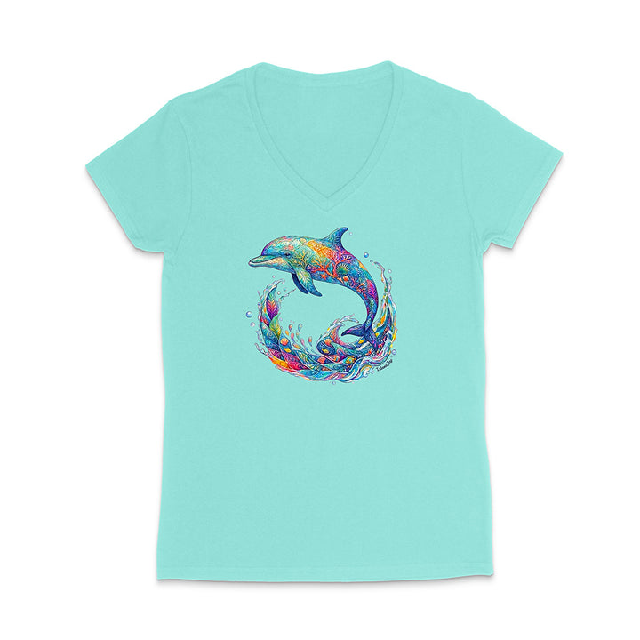 Light blue t-shirt with a colorful dolphin design on a white background