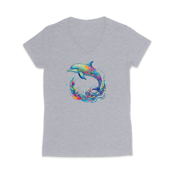 Gray t-shirt with a colorful dolphin design on a white background