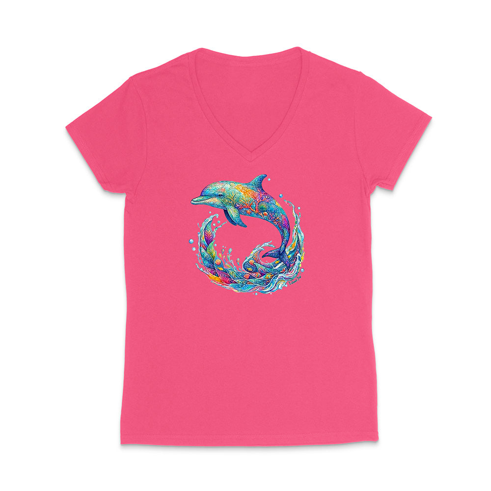 Pink V-neck t-shirt with colorful dolphin design on a white background