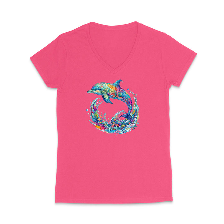 Pink V-neck t-shirt with colorful dolphin design on a white background