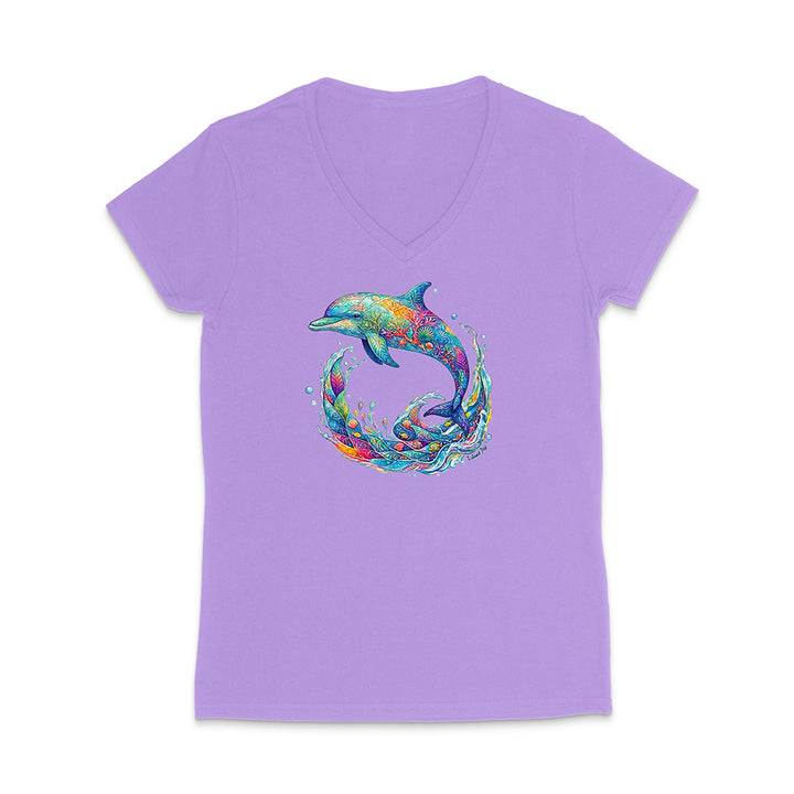 Purple t-shirt with a colorful dolphin design on a white background