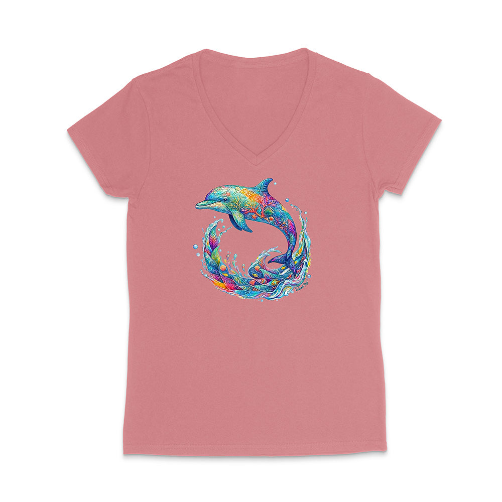 Pink t-shirt with a colorful dolphin design on a white background