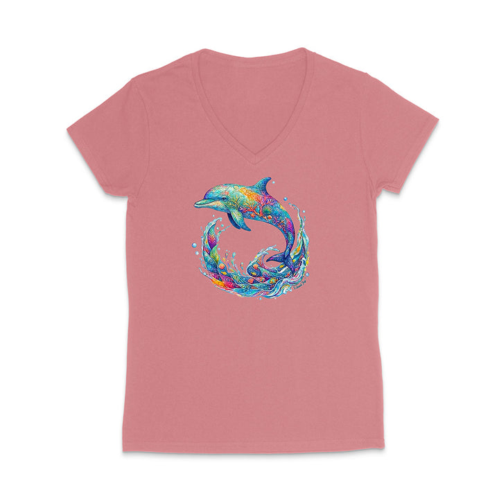 Pink t-shirt with a colorful dolphin design on a white background