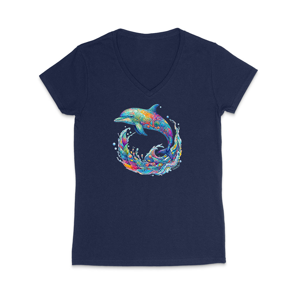 Navy blue t-shirt with a colorful dolphin graphic on a white background