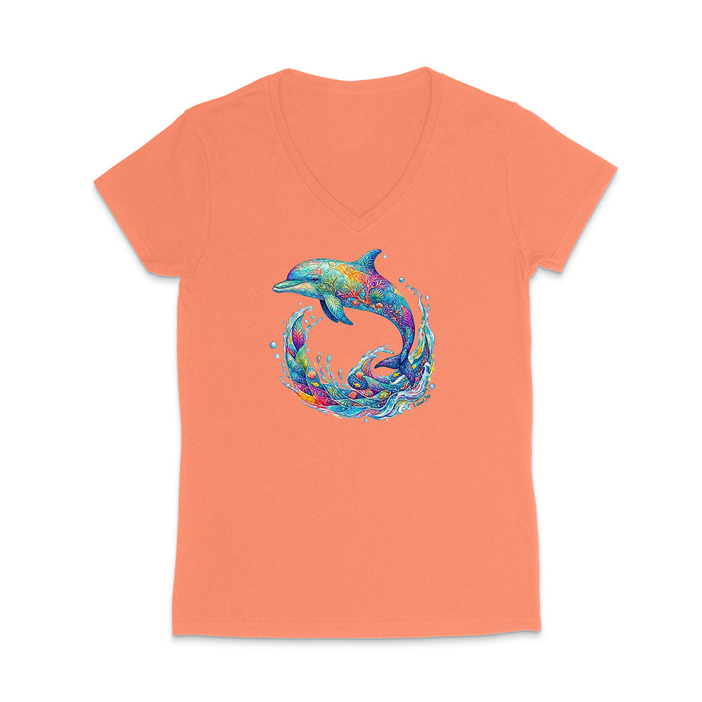 Coral t-shirt with a colorful dolphin design on a white background