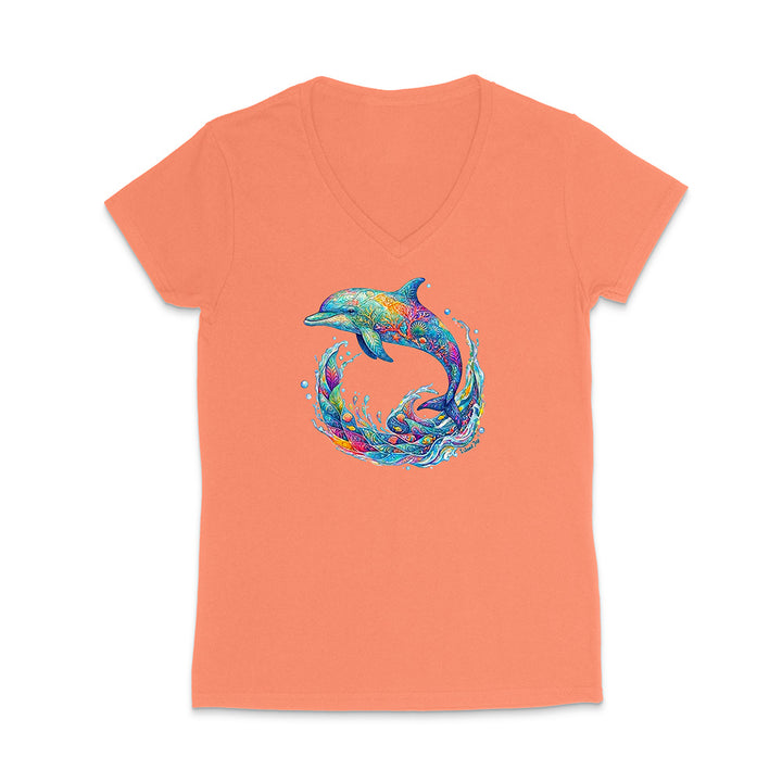 Coral t-shirt with a colorful dolphin design on a white background