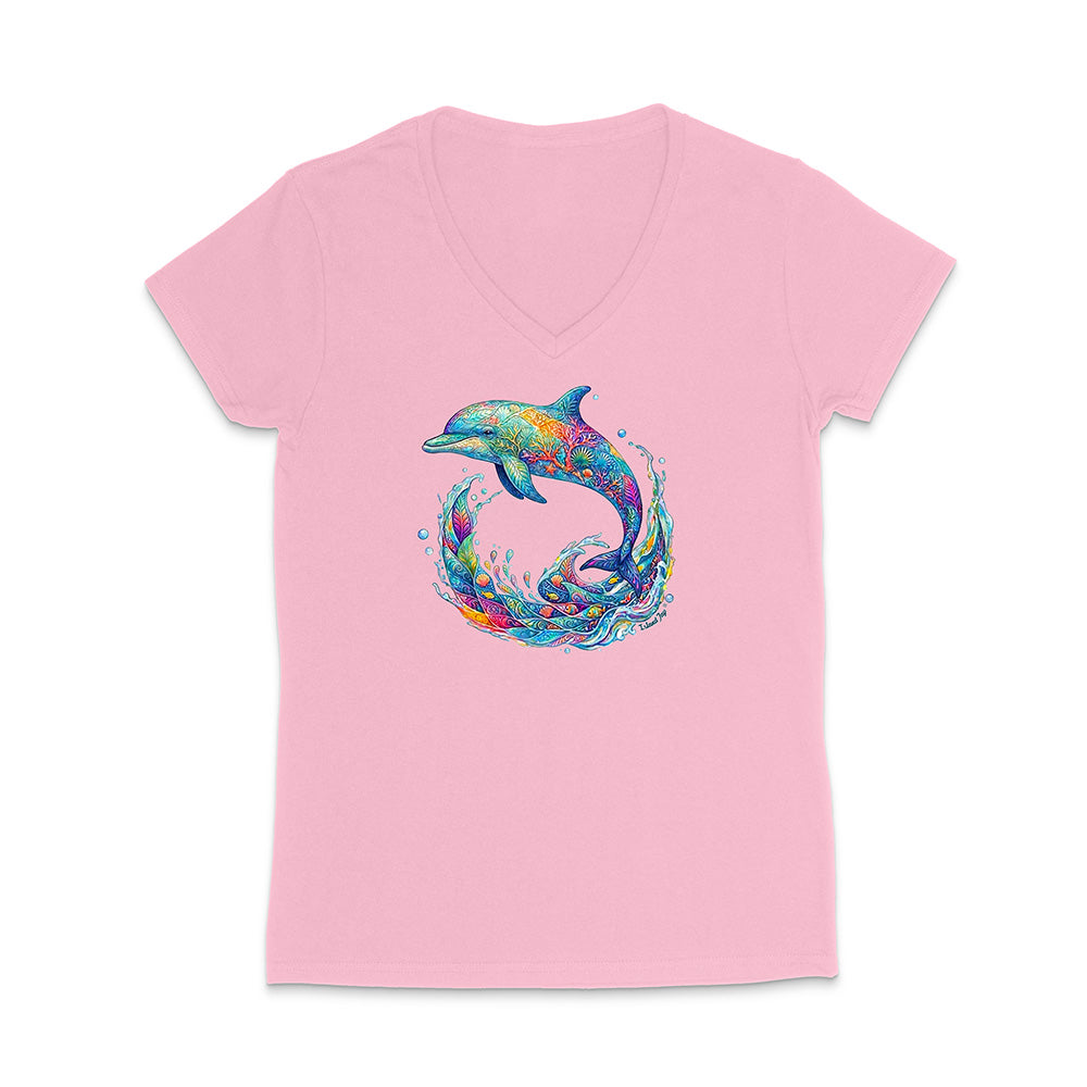 Pink t-shirt with a colorful dolphin design on a white background