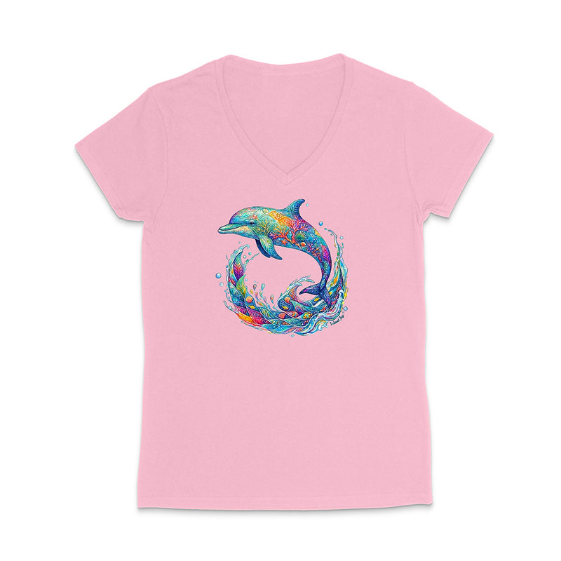 Pink t-shirt with a colorful dolphin design on a white background