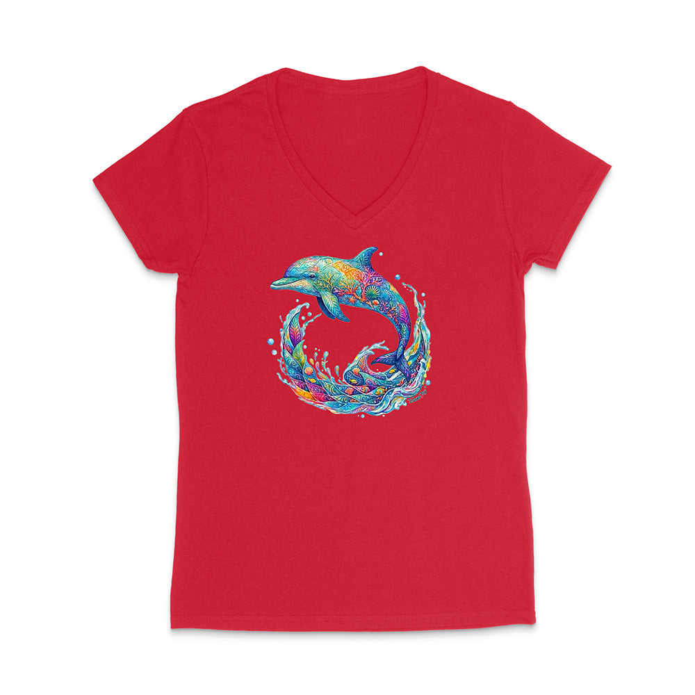 Red V-neck t-shirt with a colorful dolphin design on a white background
